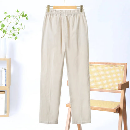 Summer Casual Washed Cotton Women's Plus Size Pants 2025 Elastic Waist Office Casual Outdoor Trousers Breathable Cool Clothing