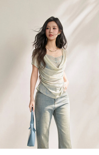 Blue Tie Dye T-Shirt For Women 2026 Summer New Swing Collar Lace Pleated Slimming Breathable French Style Top MXF22T1617