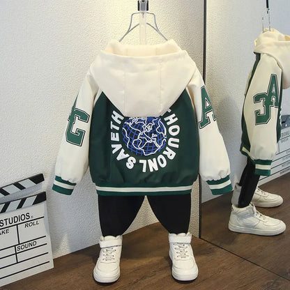 Fashion Boys Color Block Baseball Jacket 2025 Spring Autumn Baby Girl Letter Print Casual Hooded Zipper Coats Kid Clothes 2-12 Y