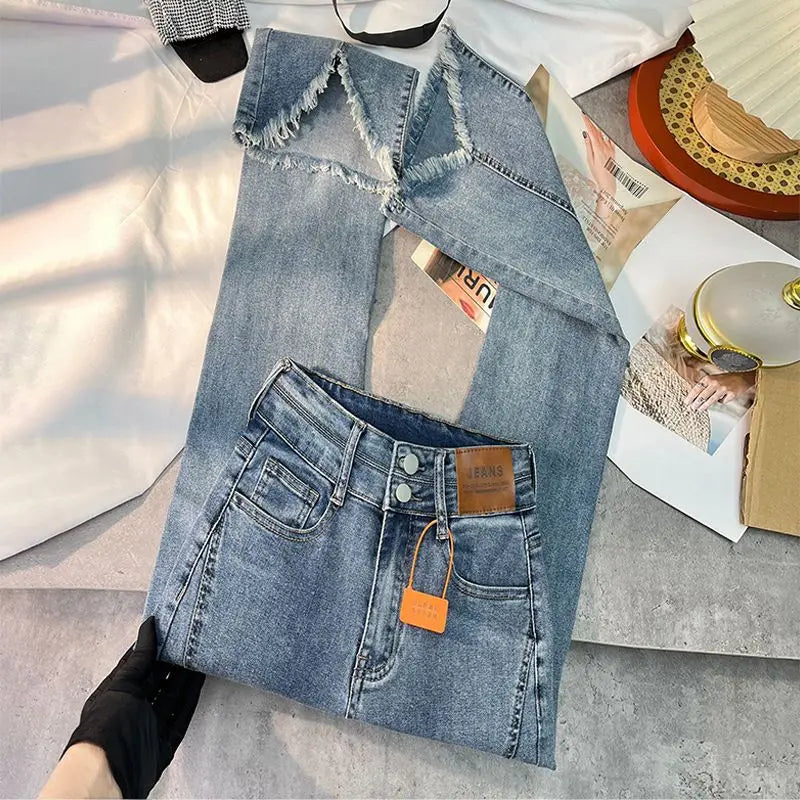 Women Autumn Y2K Slim Flared Denim Trouser Raw Edge Vintage Sexy Minimalist Pant Grunge High Waist Solid High Street Retro Jeans