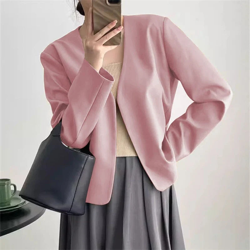 2025 Spring Autumn Fashion New Women's Suit Jackets Solid Short Coats Korean Blazers Long Sleeve Cardigan Coat Without Placket