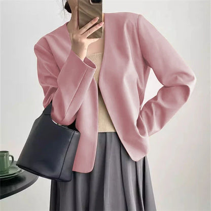 2025 Spring Autumn Fashion New Women's Suit Jackets Solid Short Coats Korean Blazers Long Sleeve Cardigan Coat Without Placket