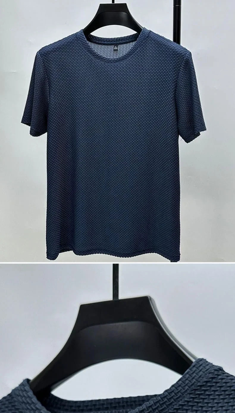 Men Ice Silk Bamboo Mesh T-shirt Summer Elastic Short Sleeve Round Neck Tees Casual Slim Fit Basic Tops Trendy Male Daily Streetwear Shirts