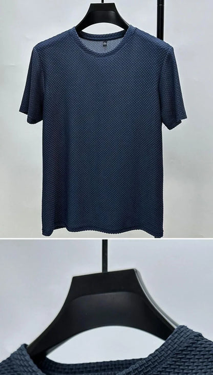 Men Ice Silk Bamboo Mesh T-shirt Summer Elastic Short Sleeve Round Neck Tees Casual Slim Fit Basic Tops Trendy Male Daily Streetwear Shirts