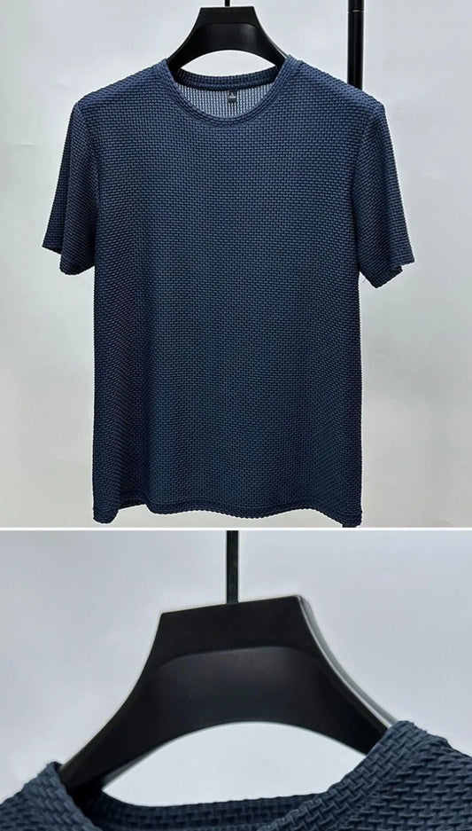 Men Ice Silk Bamboo Mesh T-shirt Summer Elastic Short Sleeve Round Neck Tees Casual Slim Fit Basic Tops Trendy Male Daily Streetwear Shirts