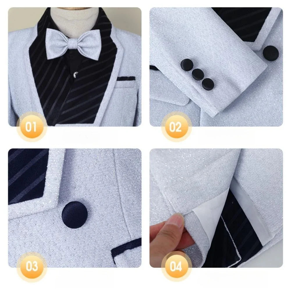 Glitter Double Breasted Boys Suits 4 Pieces Host Costumes,High Quality Kids Suit Set Wedding Guest Outfit,New Handsome Tuxedo