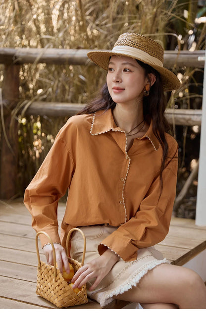 Women's 100% Cotton Shirt 2025 Autumn Korean Lapel V-neck Single Breasted Tops Lace Trim Shirts Office Lady MXE43C2377