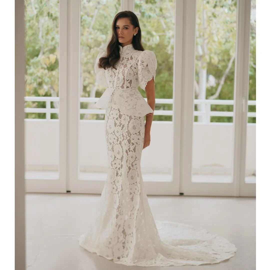 2 Pcs Evening Dresses Short Sleeves Lace Jacket Transparent Mermaid Prom Dress Elegant Party Gown Gala Vestidos Customized