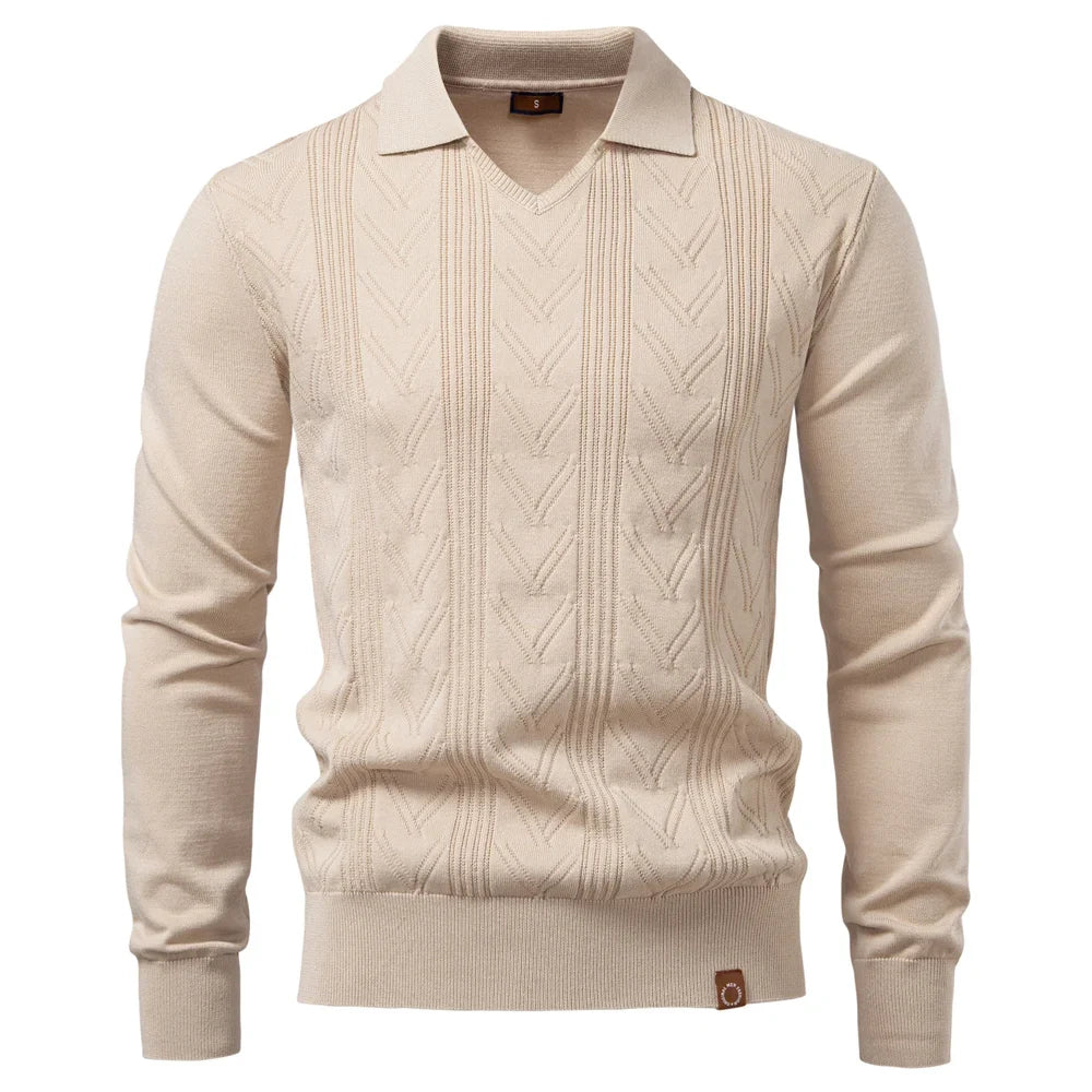 2025 Modern V-neck Polo Men Solid Color Long Sleeve Fashion Forward Cut Luxury Business Social Premium Sweaters Male