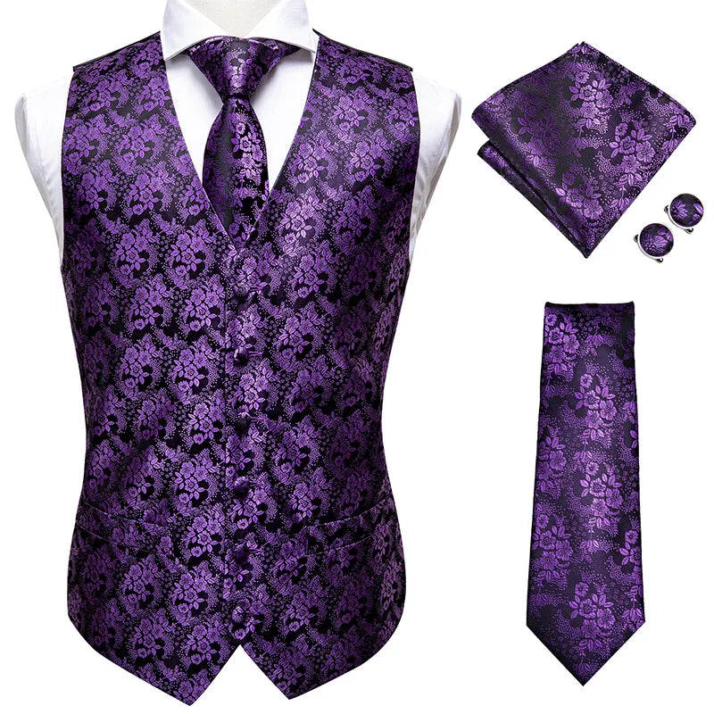 Hi-Tie Black Luxury Paisley Men's Vest Set Hanky Cufflinks For Wedding 100% Silk Vest For Men Gold Waistcoat Yellow Classic Vest