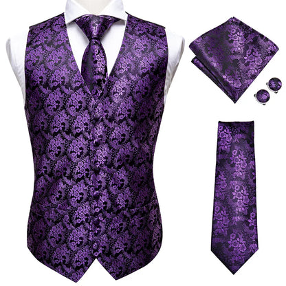Hi-Tie Black Luxury Paisley Men's Vest Set Hanky Cufflinks For Wedding 100% Silk Vest For Men Gold Waistcoat Yellow Classic Vest