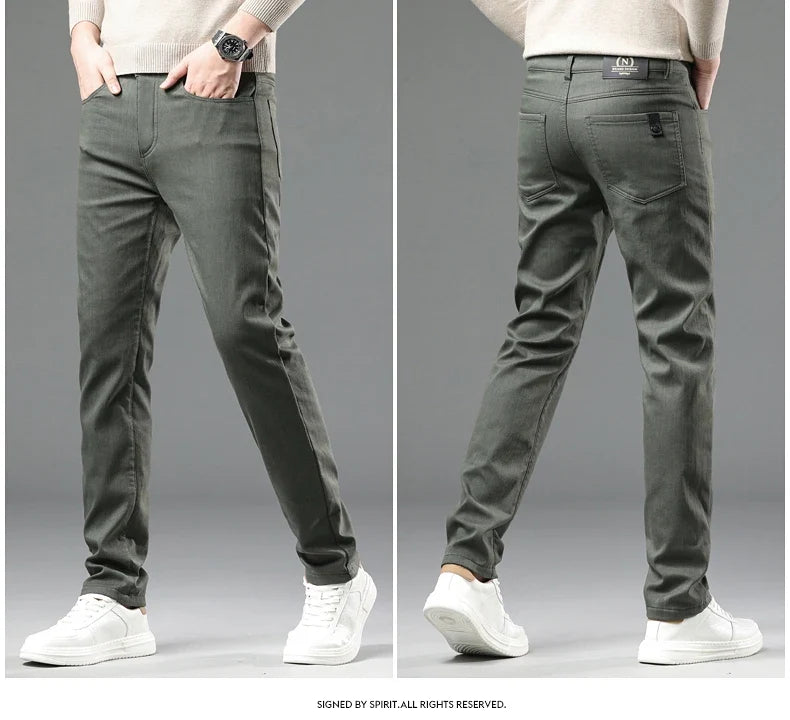 2024 Winter New Men's Warm Slim Fit Business Casual Fashion Thicken Trousers Fleece Stretch Brand Pants Black Grey Army Green