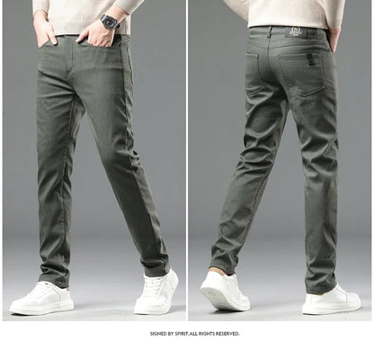 2024 Winter New Men's Warm Slim Fit Business Casual Fashion Thicken Trousers Fleece Stretch Brand Pants Black Grey Army Green