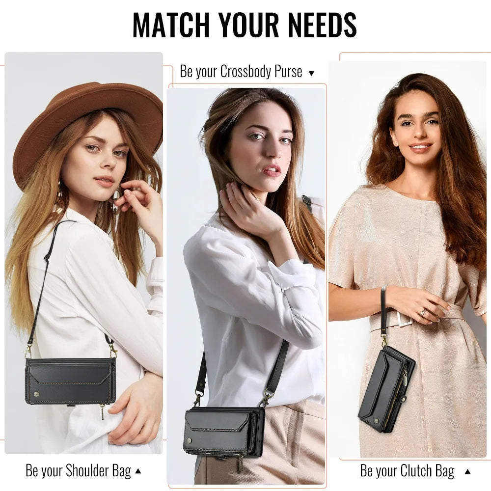 Case for iPhone 17 16e 16 15 14 13 12 11 Pro Max Leather Strap Zipper Card Holder Phone Wallet  Case