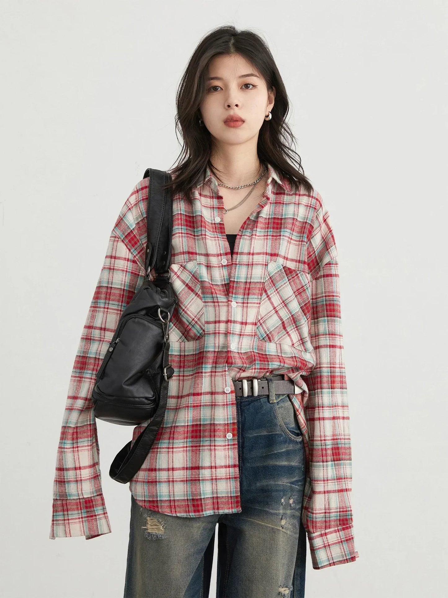 Women's Cotton Shirt Single Breasted Loose New Retro Color Blocked Grid Female Blouses Autumn Spring 2026