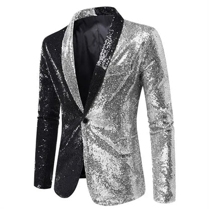 2026 Men's Suit Jacket, Shiny Sequin Stage Performance Coat, White Silver Blue Red Purple Blazers V-neck Single Button S-XXL