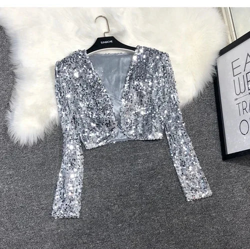 Street Fashion Joker Short Edition Sequins Small Suit Sparkling Bead Piece Suit Small Jacket Tank Top Jazz Dance Performance