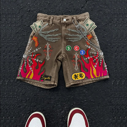 Embroidered Shorts Y2K Streetwear Man Woman Clothing Harajuku Hip Hop Baggy Denim Gym Shorts Gothic Summer Basketball Shorts