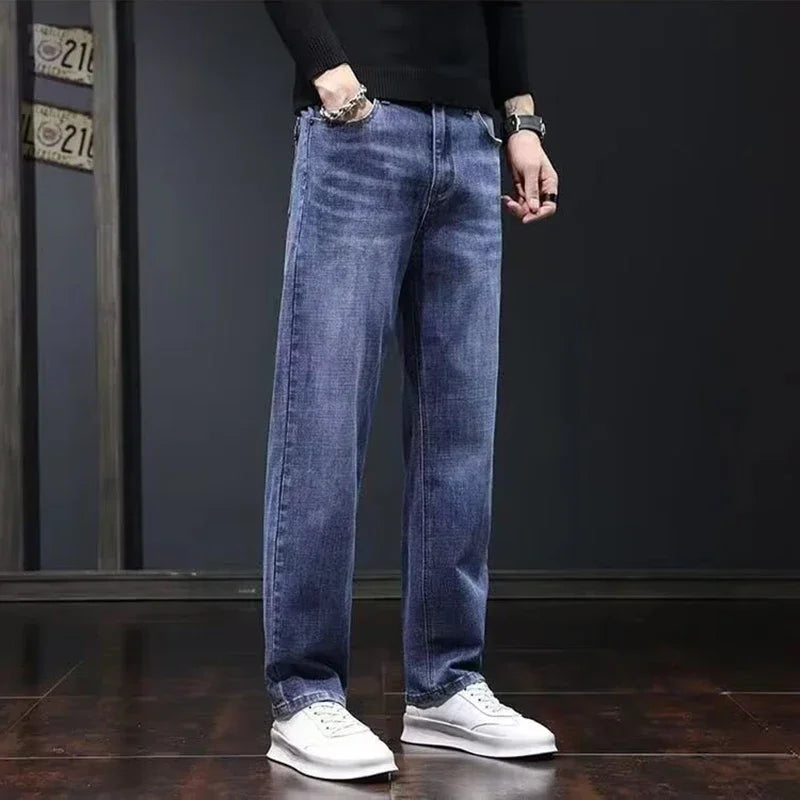 2025 New Men Fashion Loose Straight Elasticity Jeans Male Wear-resistant Slim Fit Denim Pants Smart Casual Dark Gray Trousers