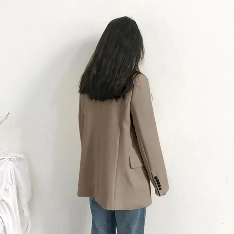 Elegant Women's Blazer Jacket Black Long Sleeve Button-Up Notch Lapel Office Jackets Woman Casual Solid Color with Pocket Blazer
