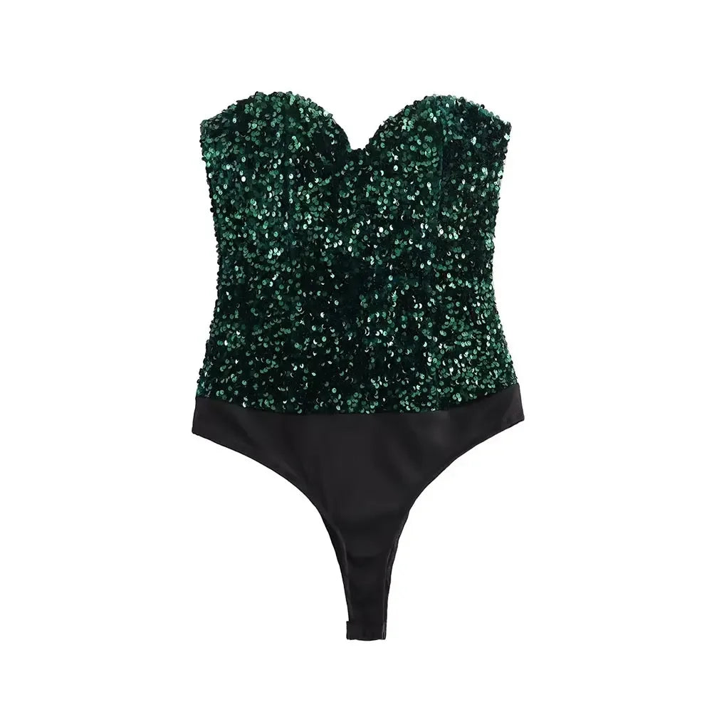 Strapless Sequin Bodysuits for Women, Backless Bodysuits, Sweetheart Neck, Female Playsuits, Sexy Fashion
