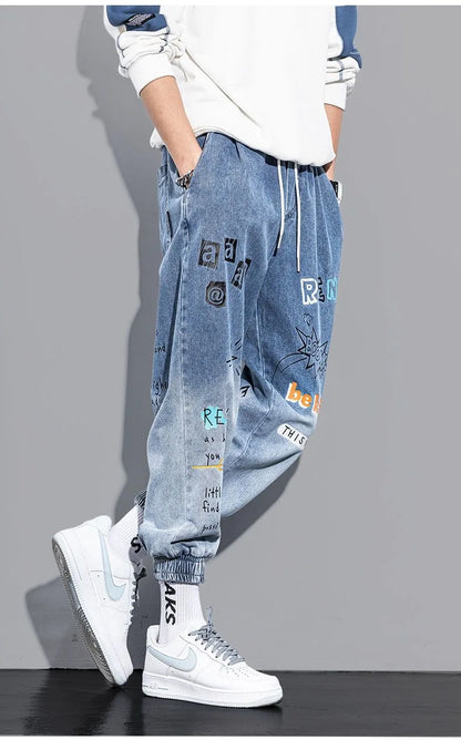 Printing Jeans Men's Gradient Hip Hop Trousers Harem Cartoon Loose Casual Ankle Banded Pants Cargo Denim Jeans Fashion