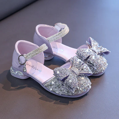2025 Children's Crystal Princess Shoes bow Tie stylish summer new girls' head-wrapped sandals small high heels performance shoes