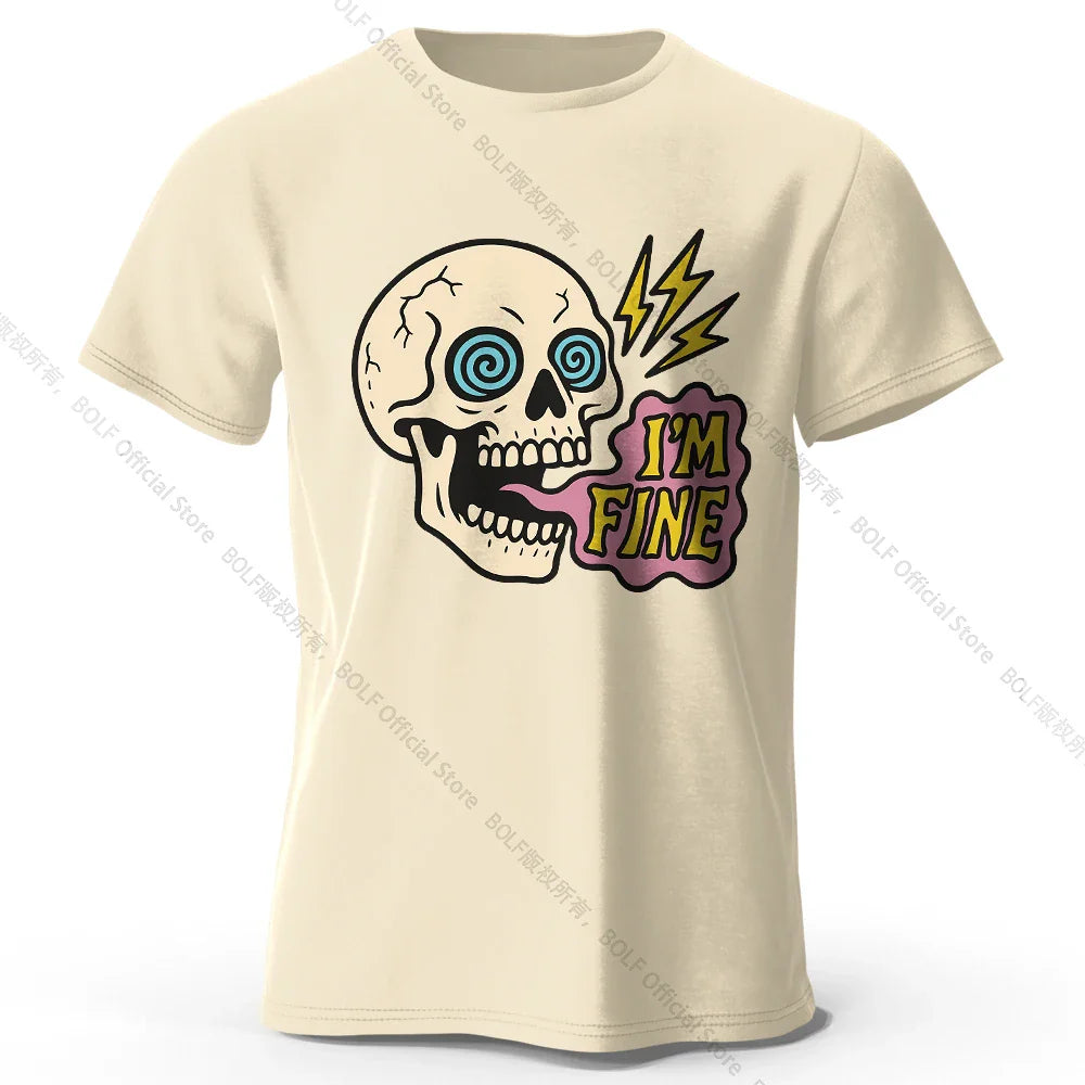 Men's I Am Fine Printed T-Shirt 100% Cotton Oversized Sarcastic Graphic Tees for Women Summer Tops Mood Streetwear