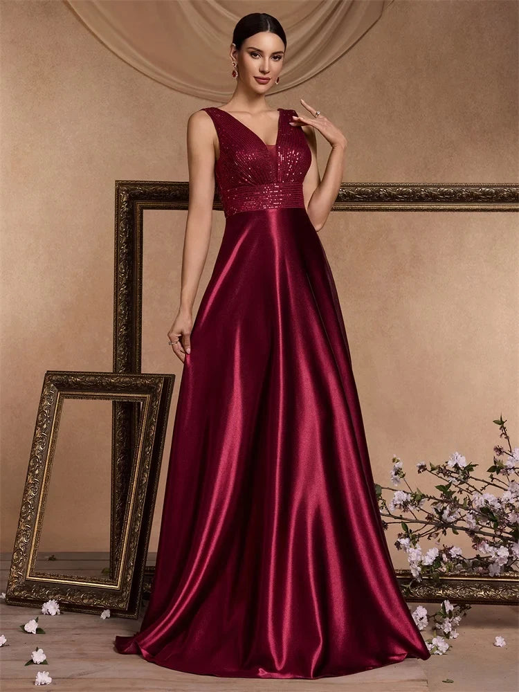 Elegant Sequins Evening Dress For Women 2024 Deep V-neck Satin Prom Party Green Dress Floor Length Blue Formal Gowns