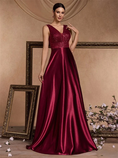 Elegant Sequins Evening Dress For Women 2024 Deep V-neck Satin Prom Party Green Dress Floor Length Blue Formal Gowns