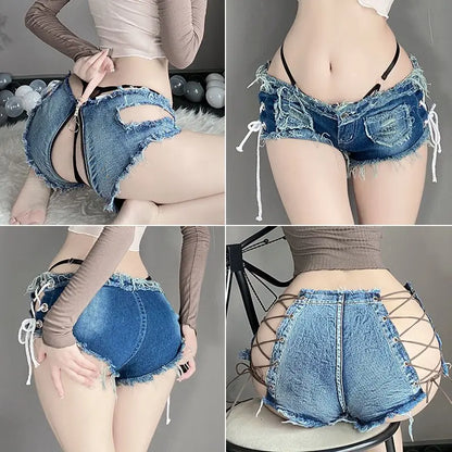 New Sexy Women Shorts Low Rise Ripped Denim Open Crotch Hole Denim Shorts Jeans Nightclub