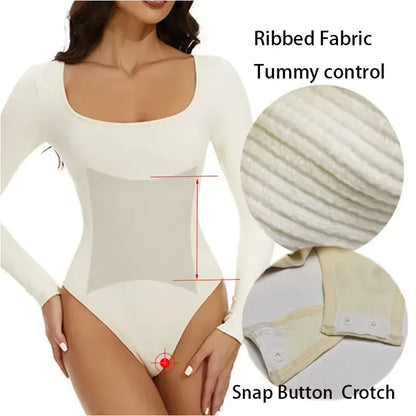 Open Crotch Big U Neck Seamless Bodysuit Long Sleeve Spandex Elastic Body Suit Shapewear Tummy Control Waist Shapers