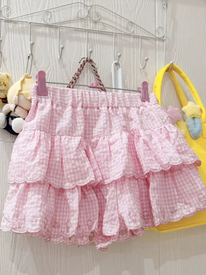 Japanese Sweet Summer Skirt Women High Waist Kawaii Embroidery Mini Skirt New Fashion Plaid Y2k Pink Cute Skirts 2025