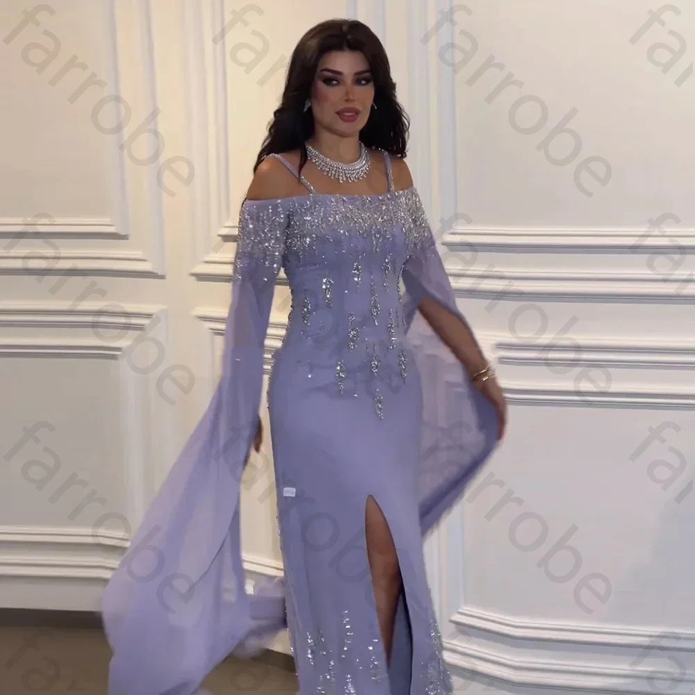 Customized Arabic Lilac Mermaid Prom Gown Sleeves High Split Beaded Luxury Evening Dresses Gowns for Women Wedding Party Dress