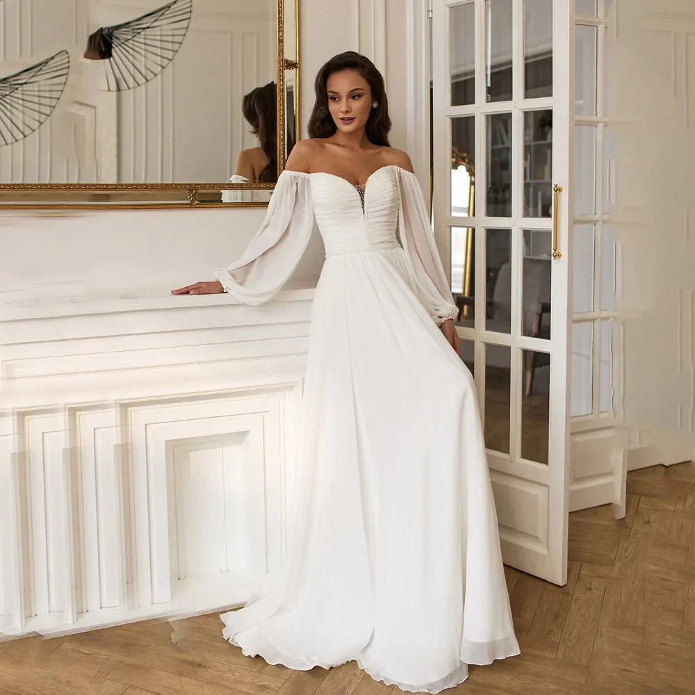 Civil Chiffon Wedding Dresses Beaded Puff Sleeve Off Shoulder Lace Up Back Ivory Elopement Bridal Dresses For Beach Ceremony