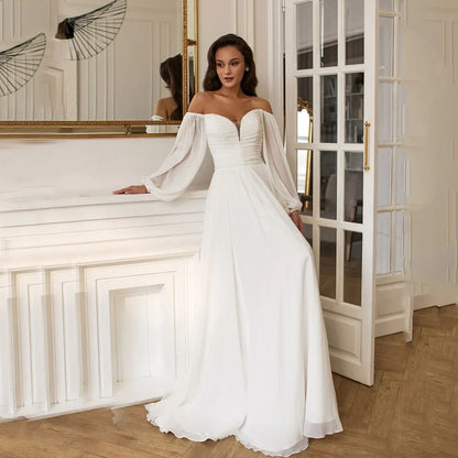 Civil Chiffon Wedding Dresses Beaded Puff Sleeve Off Shoulder Lace Up Back Ivory Elopement Bridal Dresses For Beach Ceremony
