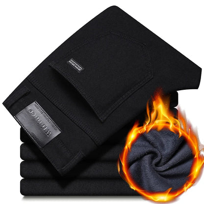 Men New Winter Classics Fleece Thick Warm Jeans Men's Loose Straight Elastic Denim Pants Casual Plush Trousers Large Size 28-40