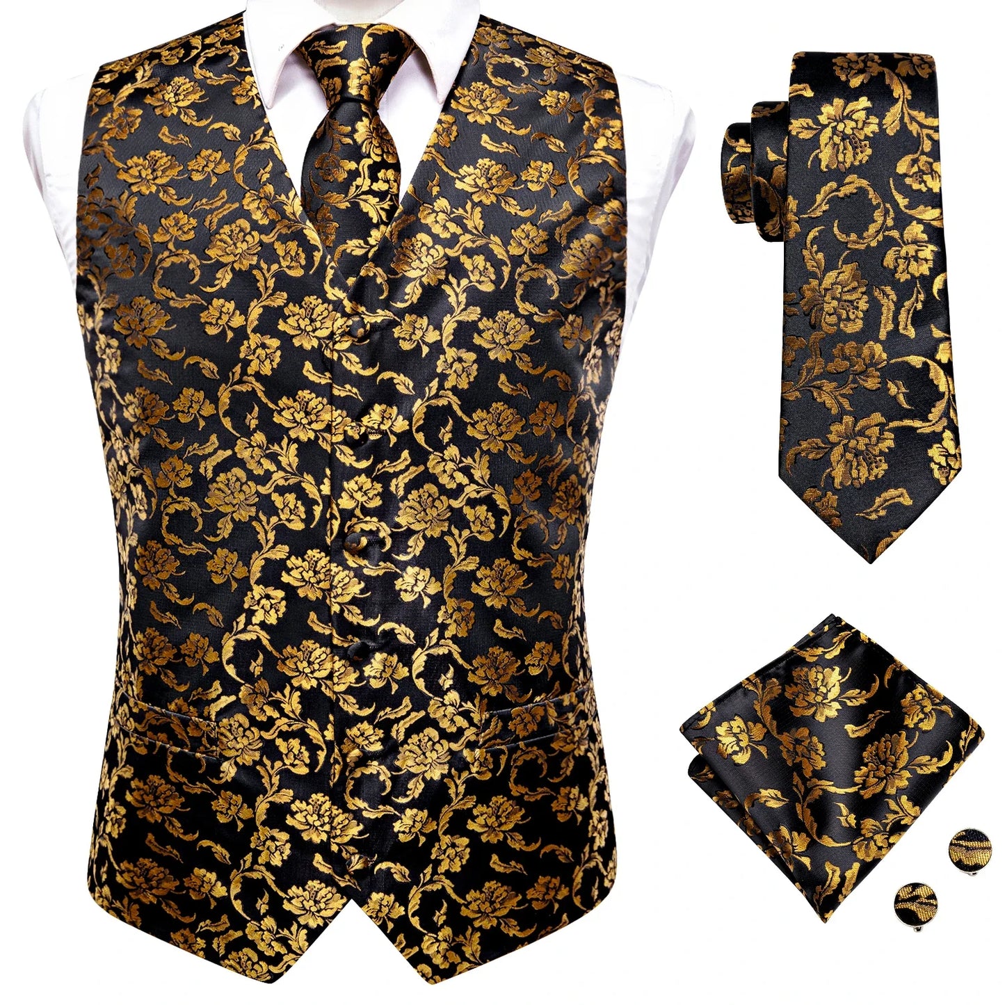 Silk Mens Waistcoat Tie Set Gold Brown Orange Beige Ivory Khaki Bronze Sleeveless Jacket Suit Vest Necktie Hanky Cufflink