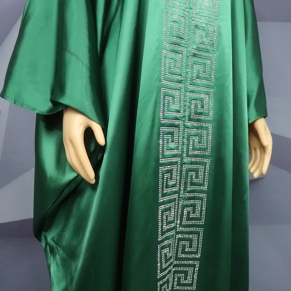 Fashion African Woman Large Size Bat Sleeve Dress Muslim Islamic Style Robe Imitation Silk Hot Fix Rhinestone