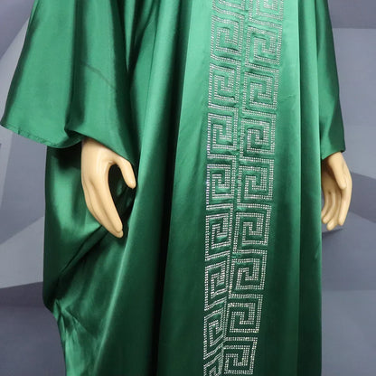 Fashion African Woman Large Size Bat Sleeve Dress Muslim Islamic Style Robe Imitation Silk Hot Fix Rhinestone