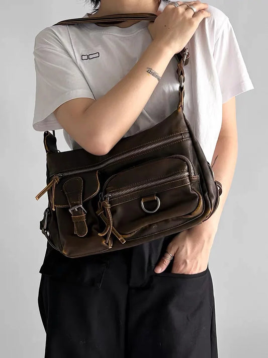 Vintage Multiple Pockets Women Shoulder Bags Luxury Washed Pu Leather Crossbody Bag Retro Motorcycle Bag Y2K Sac for Girls 2026