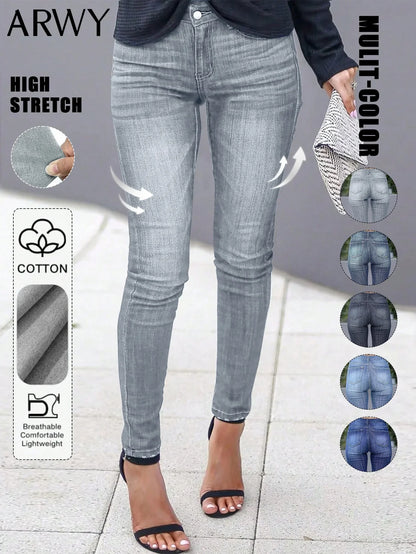 Women's Fashionable Elegant Casual Versatile Washed Cat's Whisker Pattern Skinny Fit Denim Jeans for Daily Wear