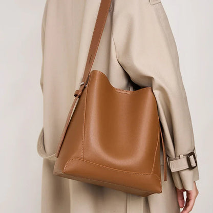 Ladies' Split Leather Bucket Shoulder Bags Female Commute Shopping Messenger Bags Adjustable Shoulder Strap Women Casual Handbag