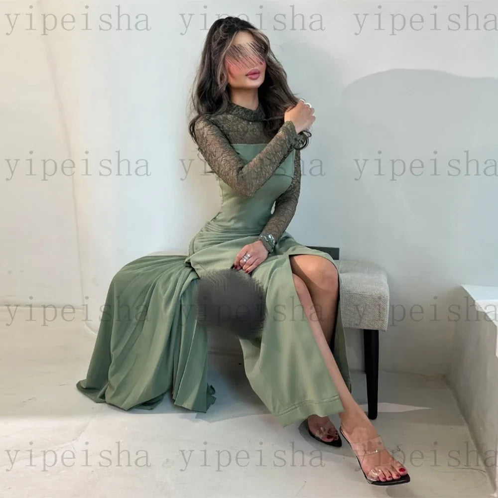 Customized High Neck Evening Dresses Front Split Ankle-Length Lace Full Sleeve Prom Gown Modern Pleat Straight Party Dress