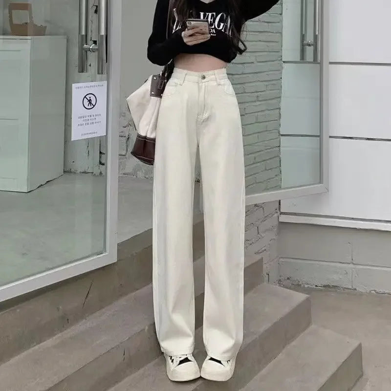 High Waist White Fleece Lined Straight Leg Jeans for Woman Y2k Pants Winter Loose Fit Wide Leg Trousers with Flowy Hem