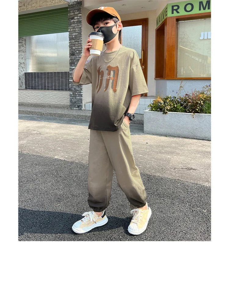 Summer Boys Leisure Gradient T-Shirt Top+Loose Sweatpant Workout Set School Kids 2PCS Tracksuit Children Vacation Outfit 5-16 Yr