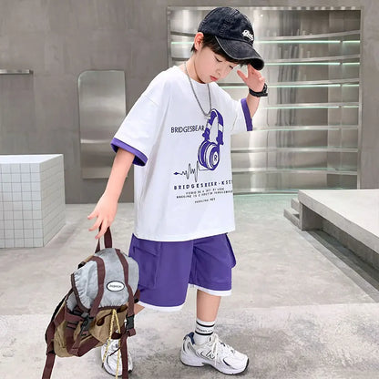 Fashion Stylish Kids Boys Top and Bottom Set Summer Tracksuit Streetwear Children New Trend Short Sleeve Clothes Suit Age 5-14 Y