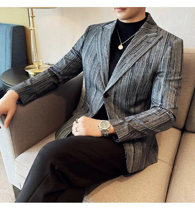 Fashion Meteor Line Checkered Elegant Suit Jacket Men Fashion De Luxe Business Slim Fit Single Breasted Social Party Dress Coats