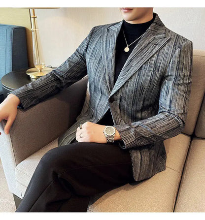 Fashion Meteor Line Checkered Elegant Suit Jacket Men Fashion De Luxe Business Slim Fit Single Breasted Social Party Dress Coats