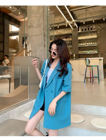 Korean Fashion Loose Thin Blazer Women Spring Autumn New Extra Large Mid Length Short Sleeved Women Coat Casual Outwear